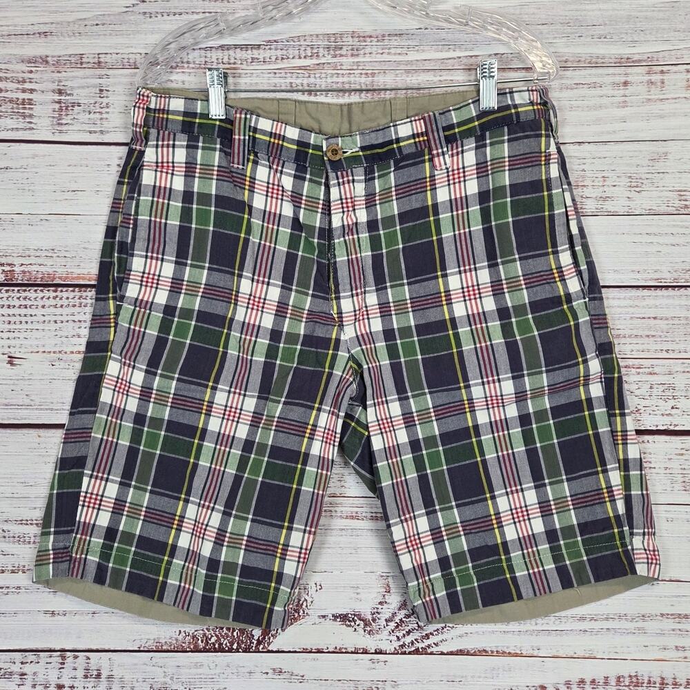 Men's Indian Madras Reversible Bermuda Shorts 32 Plaid Tan Academia Casual Sport